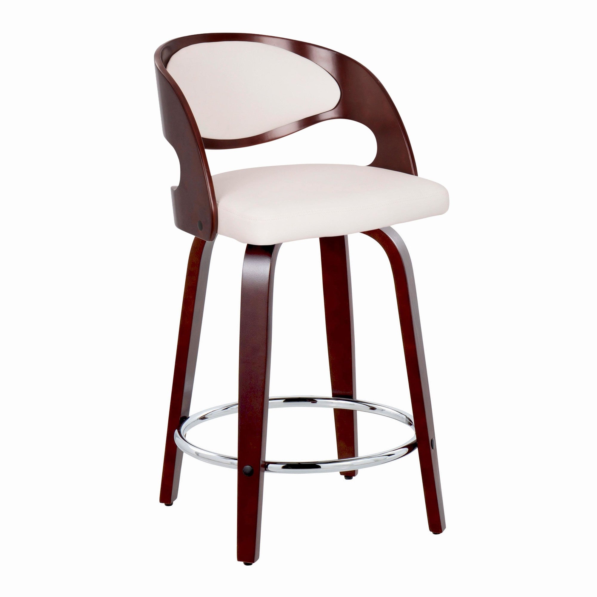 Pino 24" Fixed-Height Barstool - Set of 2 - Mahogany Wood, White PU, Chrome Metal