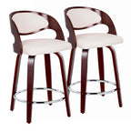 Pino 24" Fixed-Height Barstool - Set of 2 - Mahogany Wood, White PU, Chrome Metal