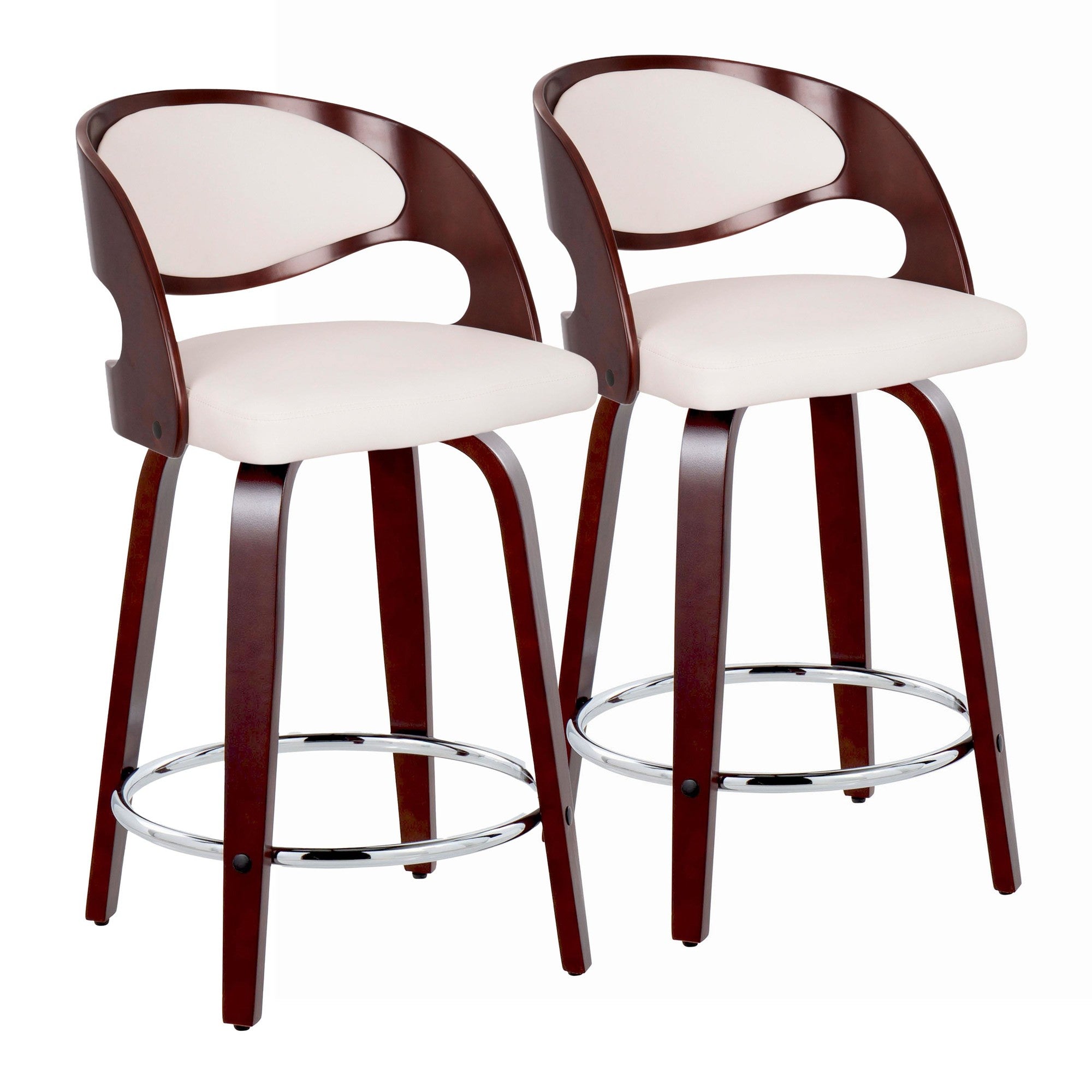Pino 24" Fixed-Height Barstool - Set of 2 - Mahogany Wood, White PU, Chrome Metal