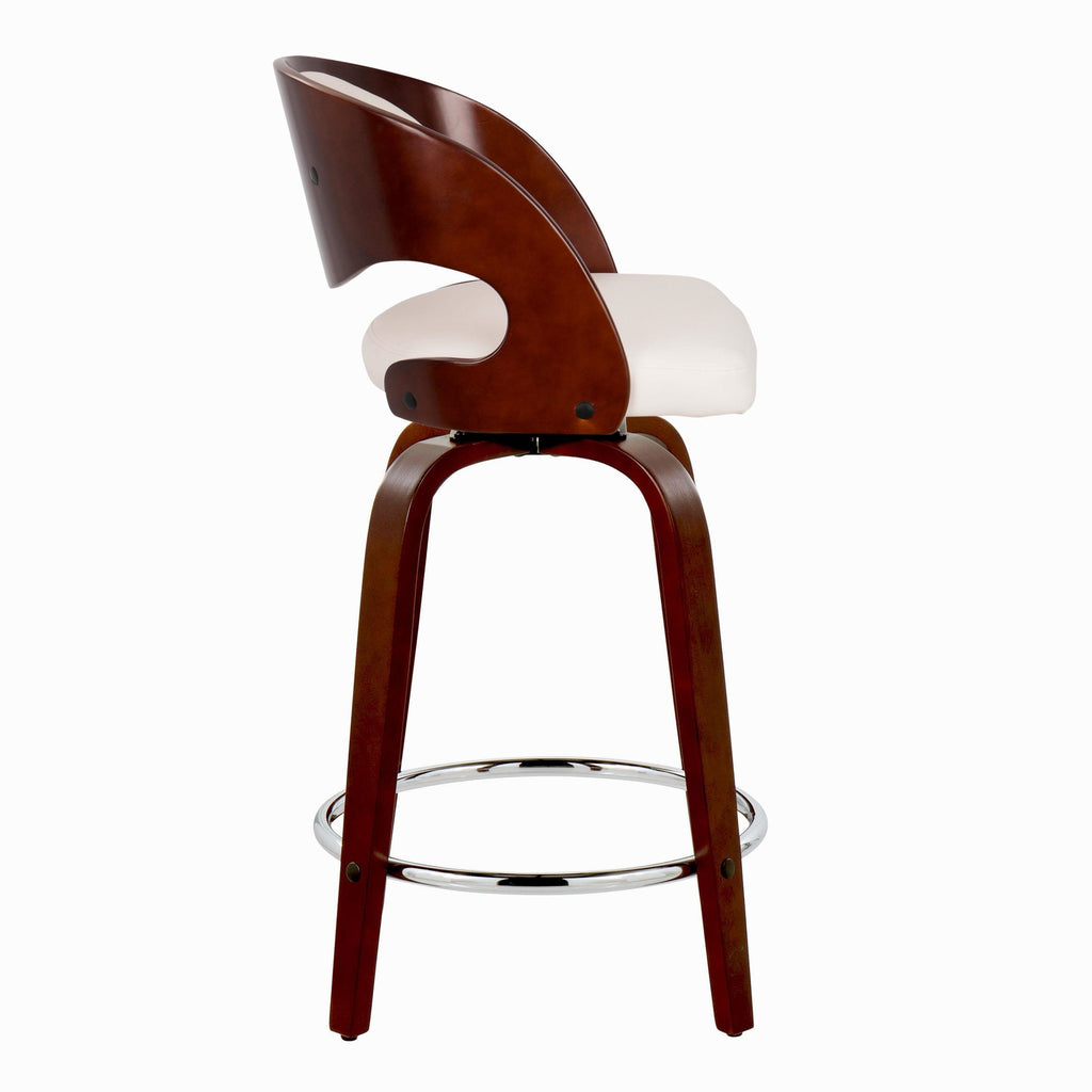 Pino 24" Fixed-Height Barstool - Set of 2 - Mahogany Wood, White PU, Chrome Metal