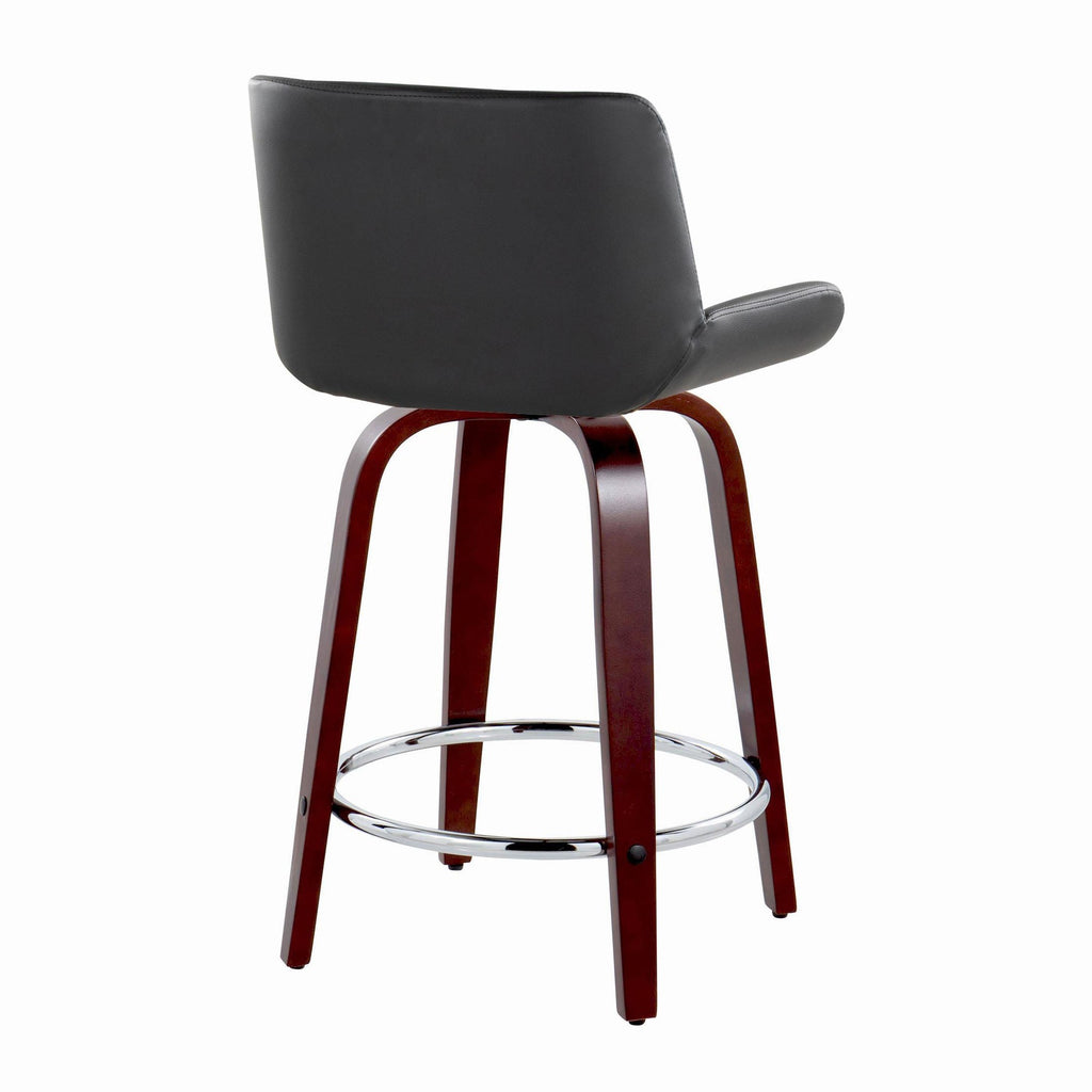 Santi Upholstered 24" Fixed-Height Counter Stool - Set of 2 - Mahogany Wood, Black PU, Chrome Metal