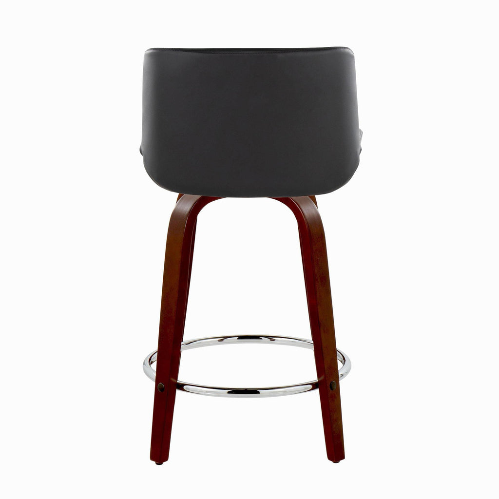 Santi Upholstered 24" Fixed-Height Counter Stool - Set of 2 - Mahogany Wood, Black PU, Chrome Metal