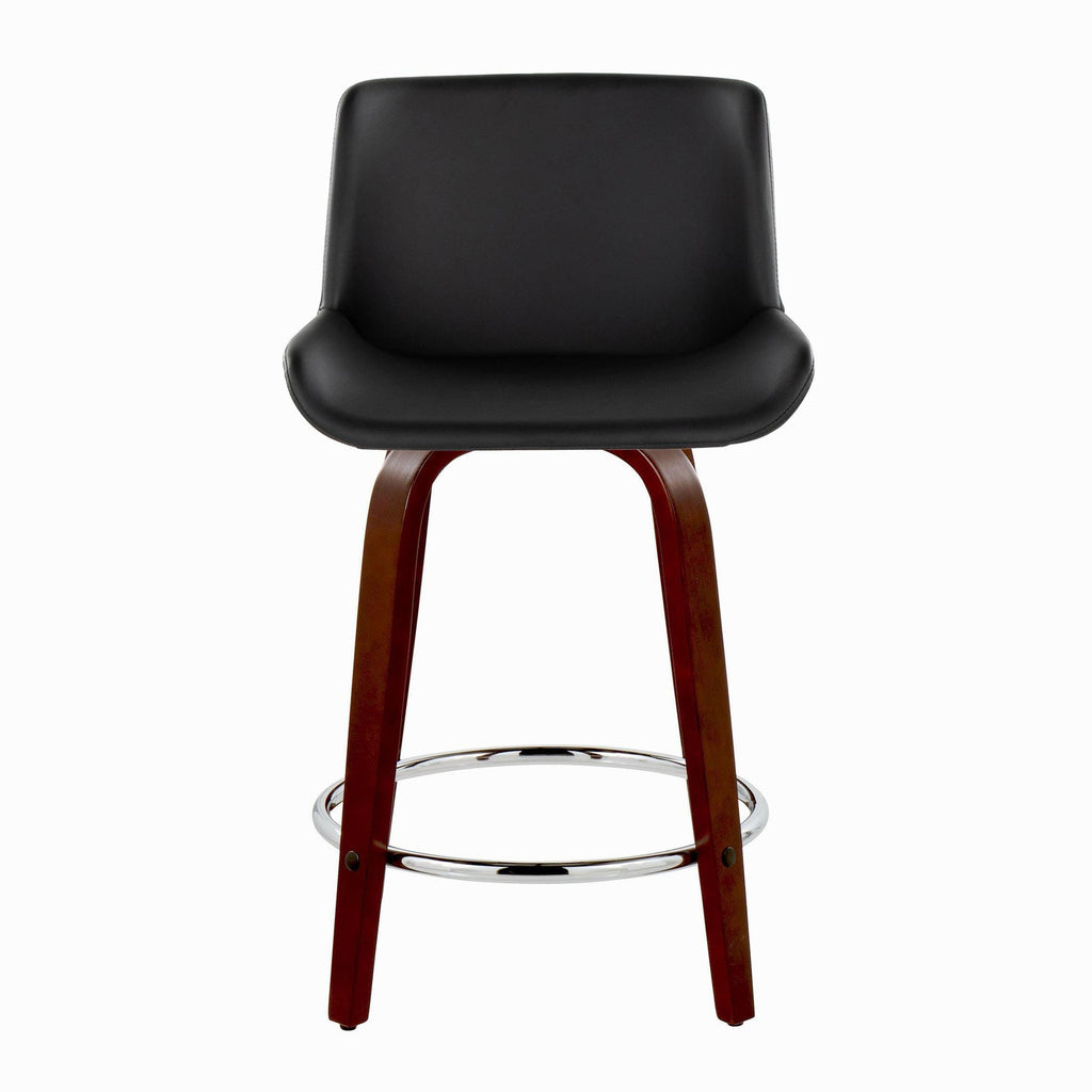Santi Upholstered 24" Fixed-Height Counter Stool - Set of 2 - Mahogany Wood, Black PU, Chrome Metal