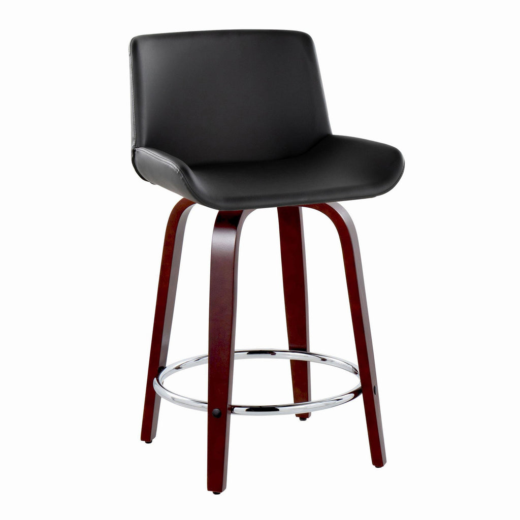 Santi Upholstered 24" Fixed-Height Counter Stool - Set of 2 - Mahogany Wood, Black PU, Chrome Metal
