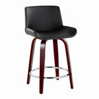 Santi Upholstered 24" Fixed-Height Counter Stool - Set of 2 - Mahogany Wood, Black PU, Chrome Metal