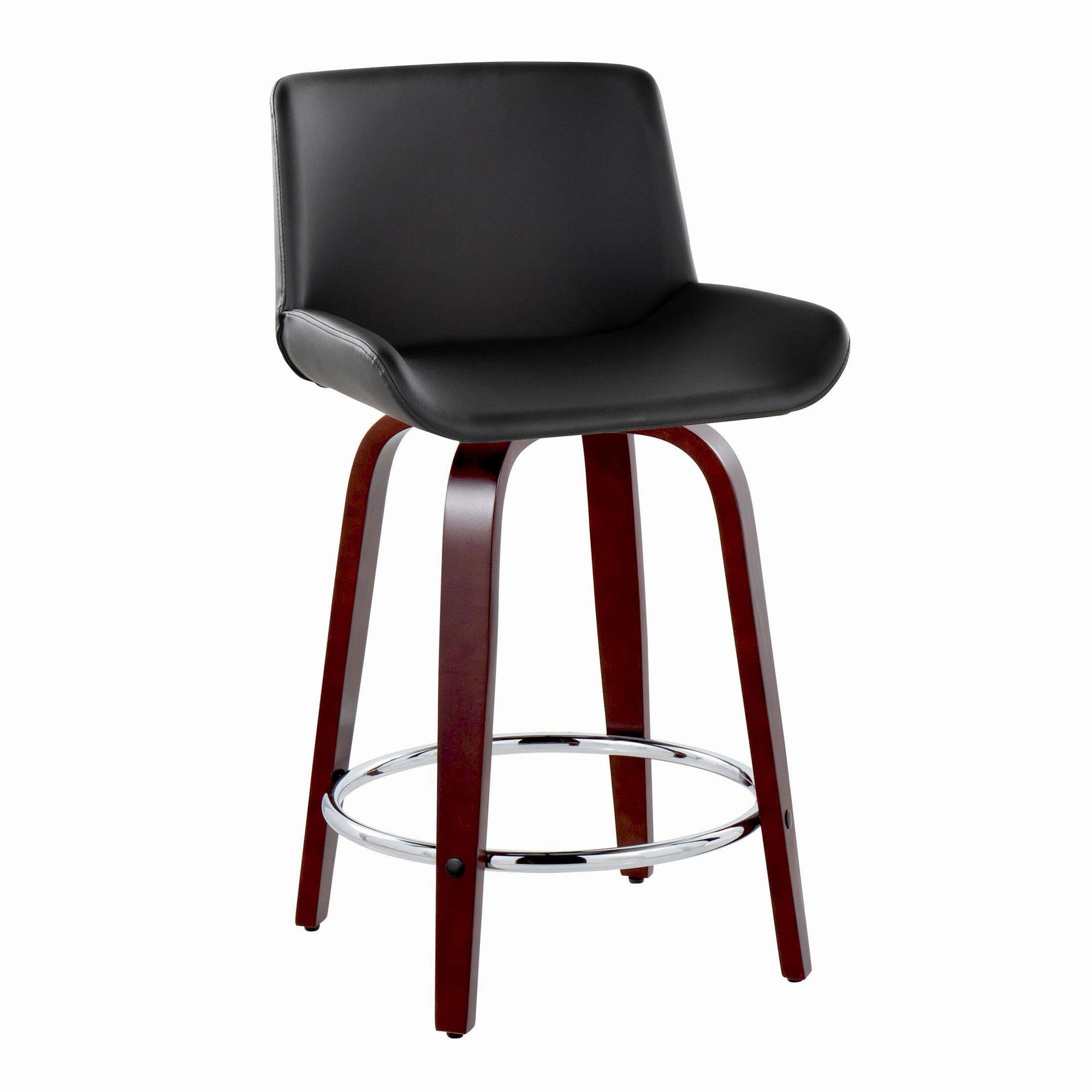 Santi Upholstered 24" Fixed-Height Counter Stool - Set of 2 - Mahogany Wood, Black PU, Chrome Metal