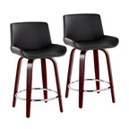 Santi Upholstered 24" Fixed-Height Counter Stool - Set of 2 - Mahogany Wood, Black PU, Chrome Metal