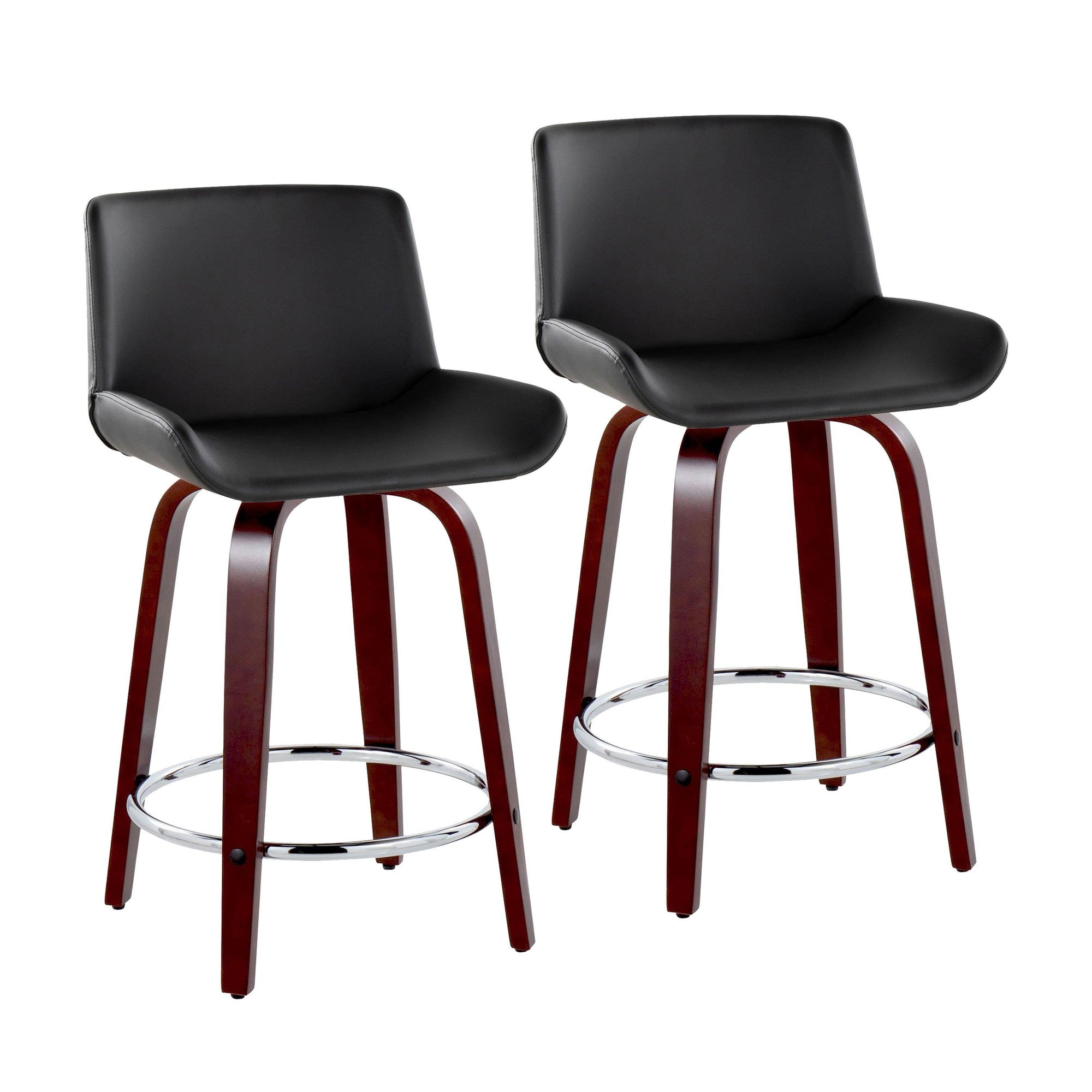 Santi Upholstered 24" Fixed-Height Counter Stool - Set of 2 - Mahogany Wood, Black PU, Chrome Metal