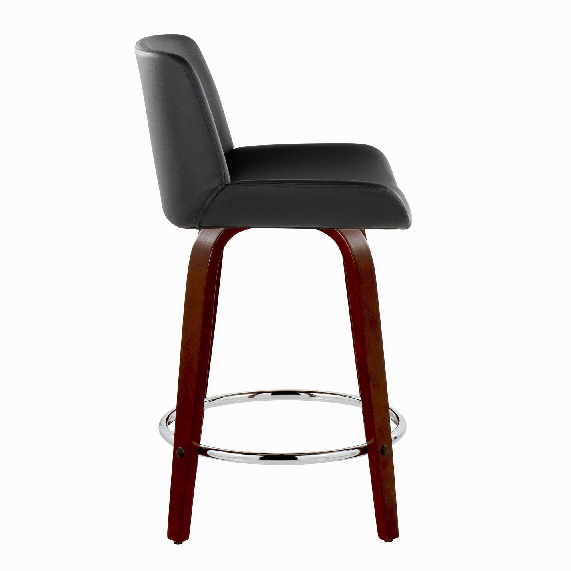 Santi Upholstered 24" Fixed-Height Counter Stool - Set of 2 - Mahogany Wood, Black PU, Chrome Metal