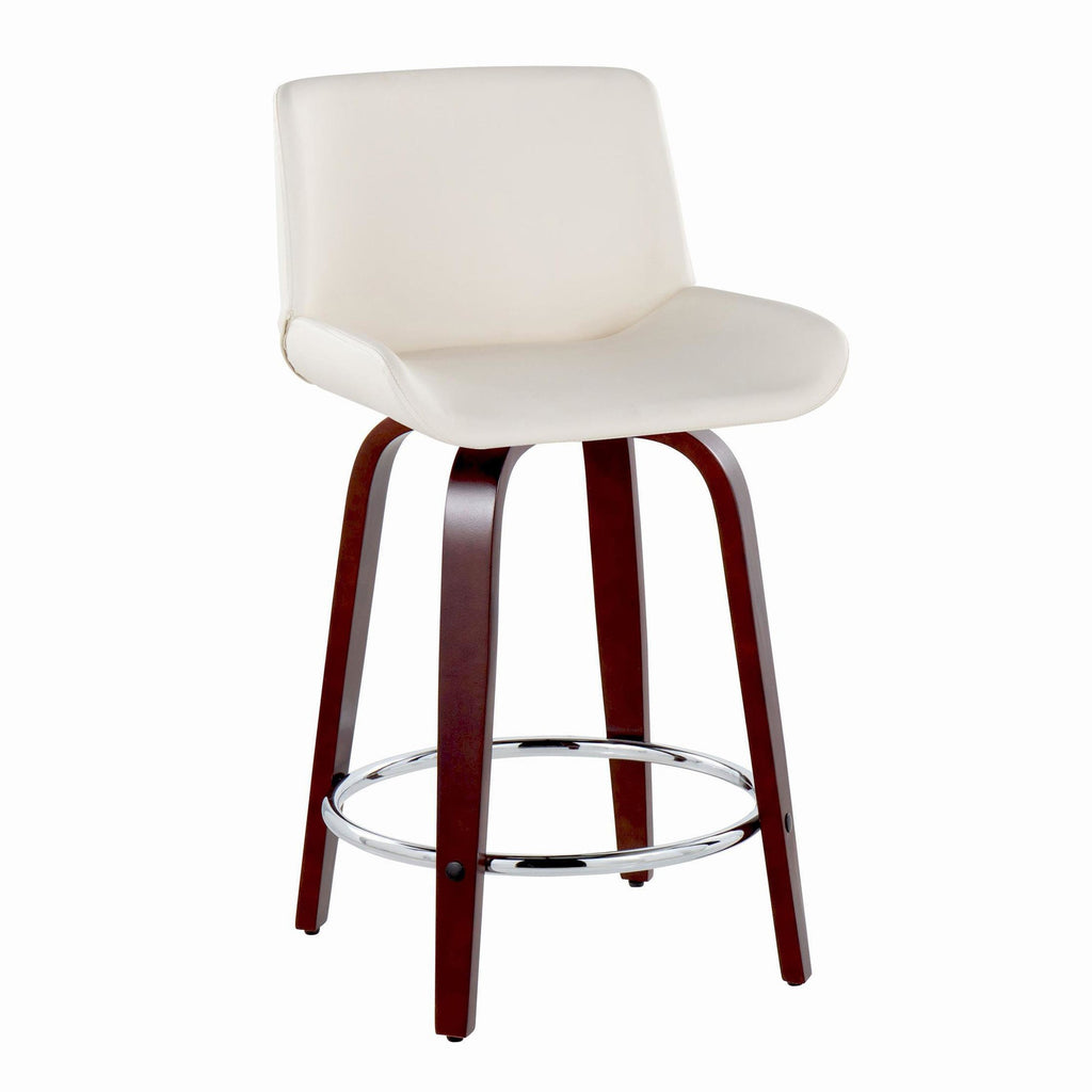 Santi Upholstered 24" Fixed-Height Counter Stool - Set of 2 - Mahogany Wood, White PU, Chrome Metal