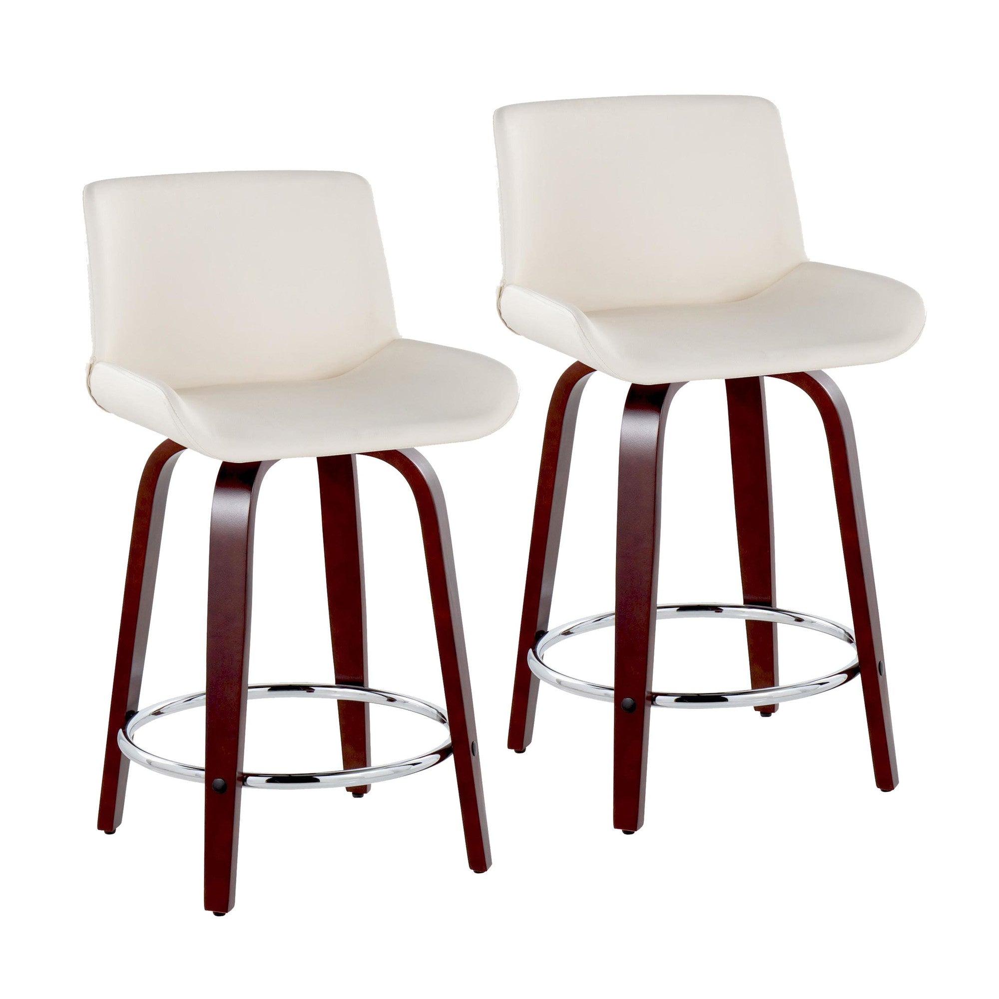 Santi Upholstered 24" Fixed-Height Counter Stool - Set of 2 - Mahogany Wood, White PU, Chrome Metal