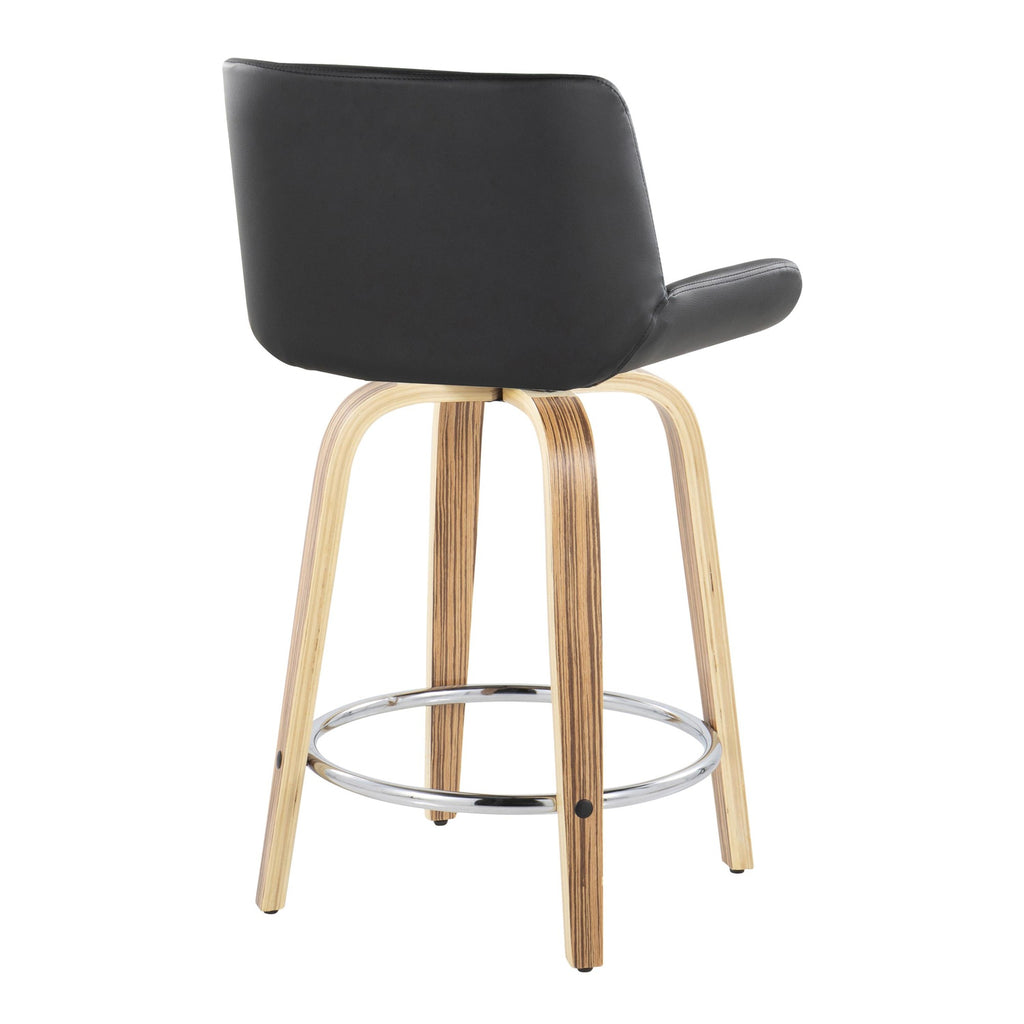 Santi 24" Fixed-Height Counter Stool - Set of 2 - Zebra Wood, Chrome Metal, Black PU