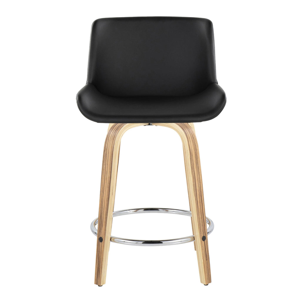Santi 24" Fixed-Height Counter Stool - Set of 2 - Zebra Wood, Chrome Metal, Black PU