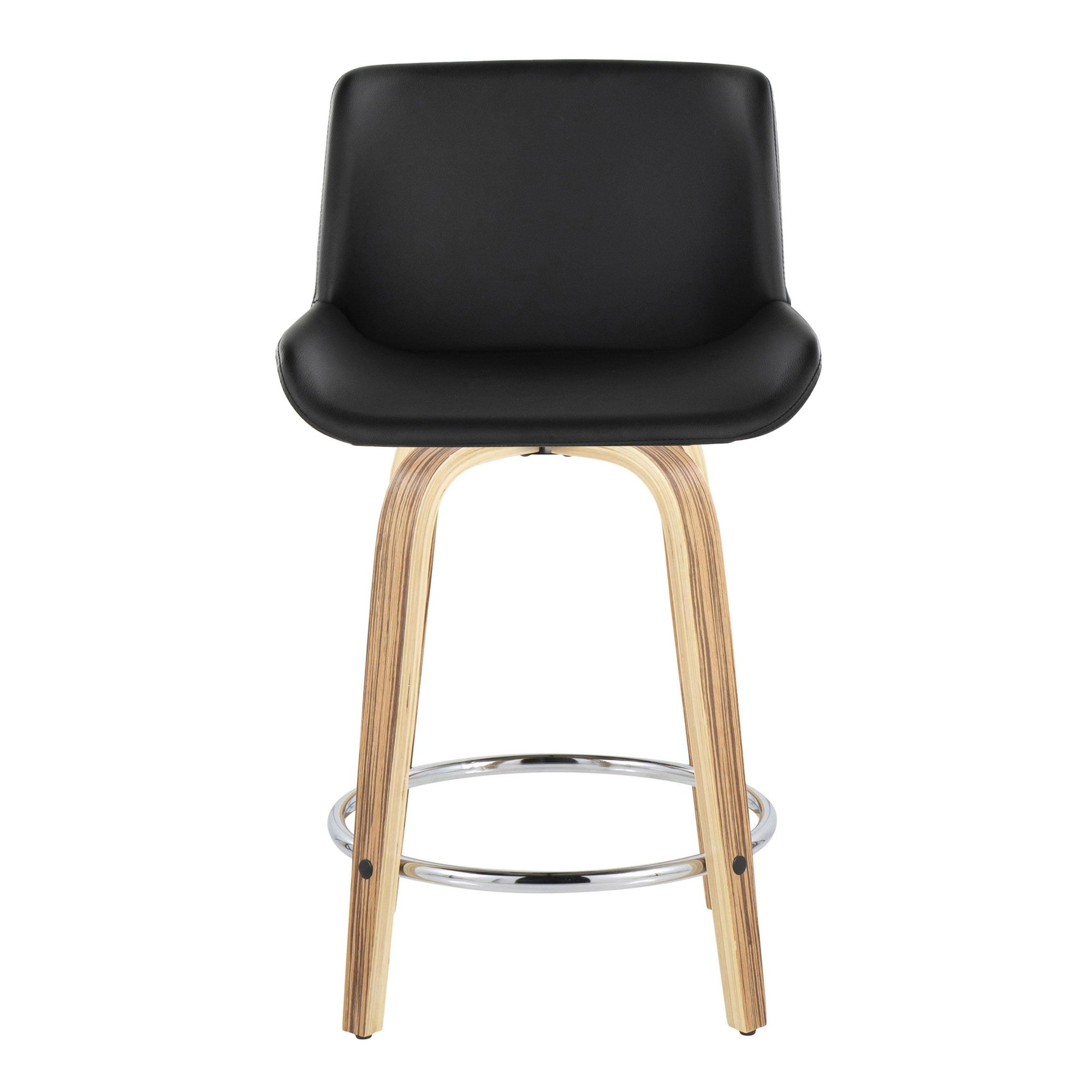 Santi 24" Fixed-Height Counter Stool - Set of 2 - Zebra Wood, Chrome Metal, Black PU