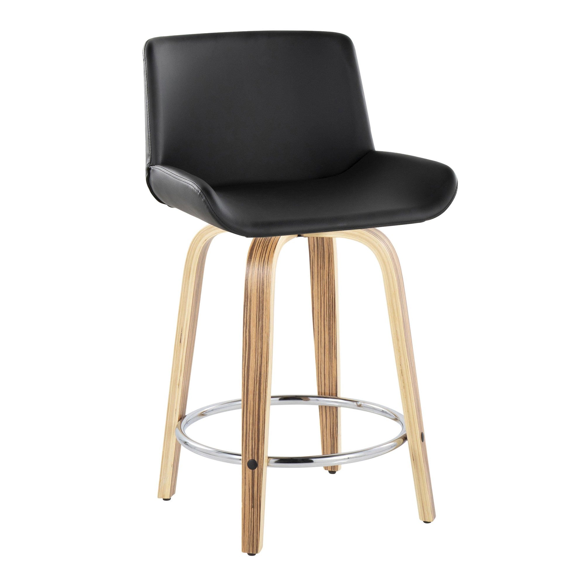 Santi 24" Fixed-Height Counter Stool - Set of 2 - Zebra Wood, Chrome Metal, Black PU