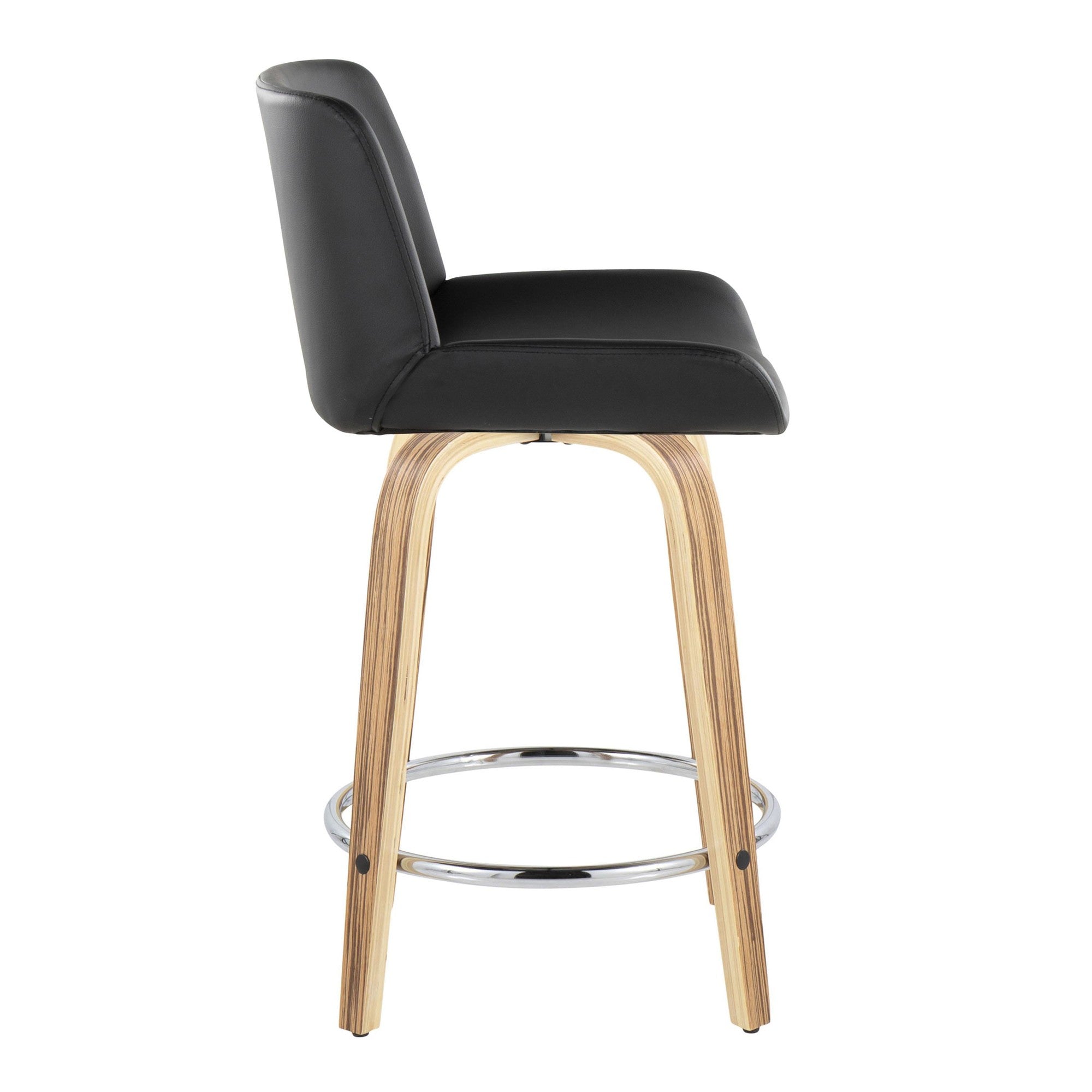 Santi 24" Fixed-Height Counter Stool - Set of 2 - Zebra Wood, Chrome Metal, Black PU