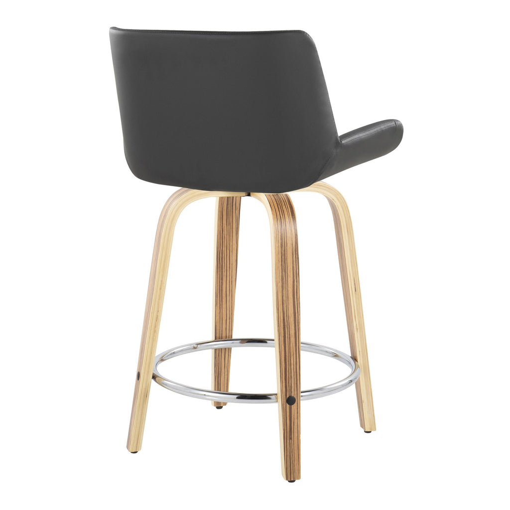 Santi 24" Fixed-Height Counter Stool - Set of 2 - Zebra Wood, Chrome Metal, Grey PU