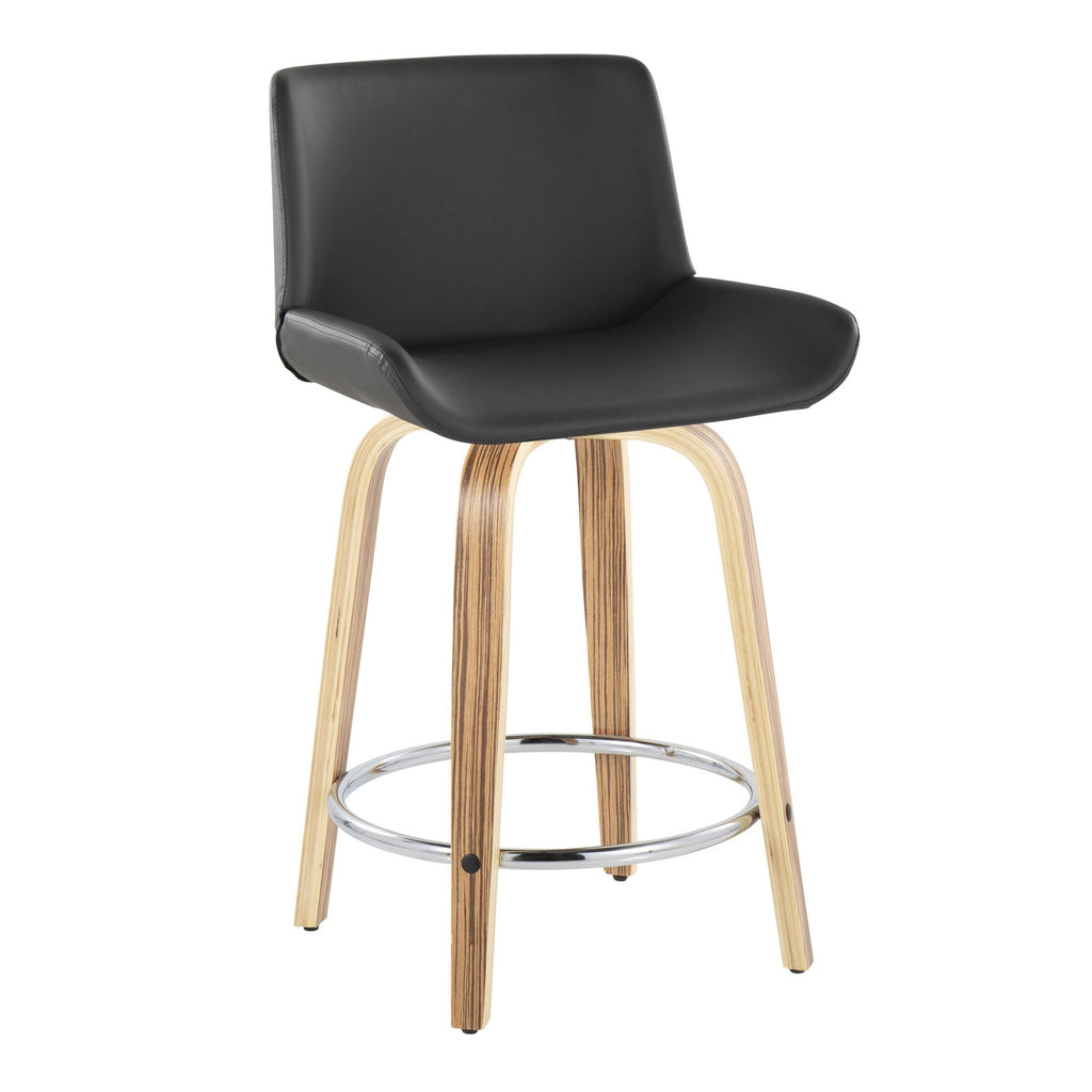 Santi 24" Fixed-Height Counter Stool - Set of 2 - Zebra Wood, Chrome Metal, Grey PU