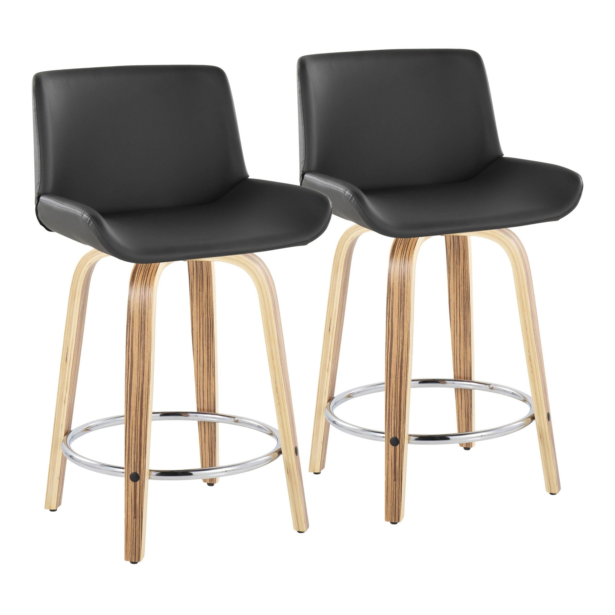 Santi 24" Fixed-Height Counter Stool - Set of 2 - Zebra Wood, Chrome Metal, Grey PU