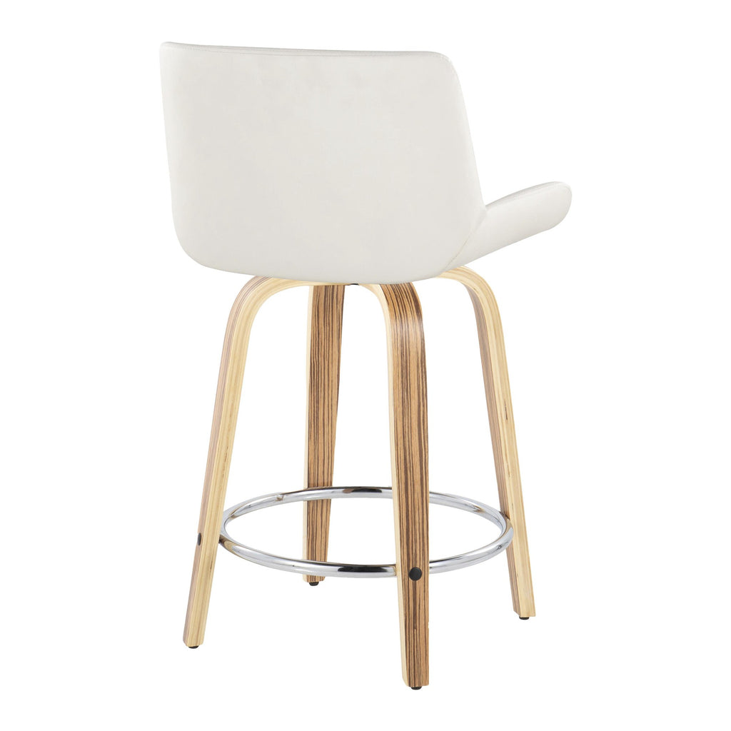 Santi 24" Fixed-Height Counter Stool - Set of 2 - Zebra Wood, Chrome Metal, White PU