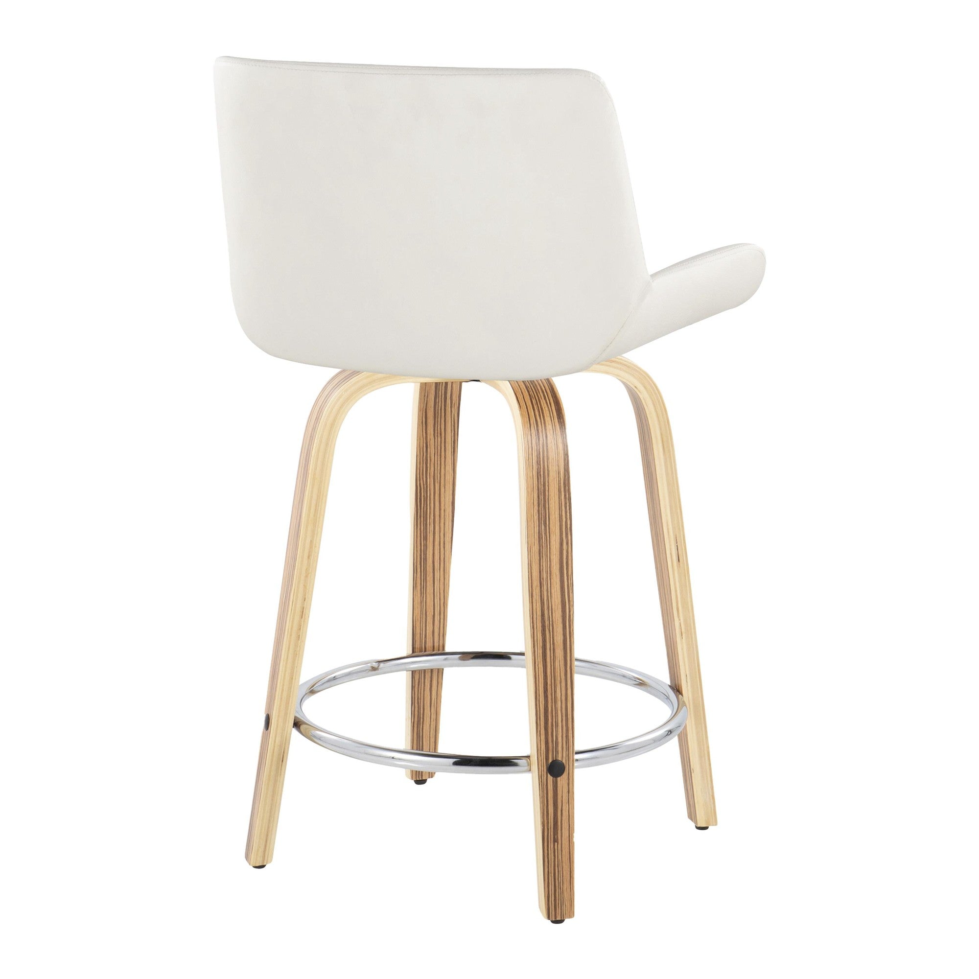 Santi 24" Fixed-Height Counter Stool - Set of 2 - Zebra Wood, Chrome Metal, White PU