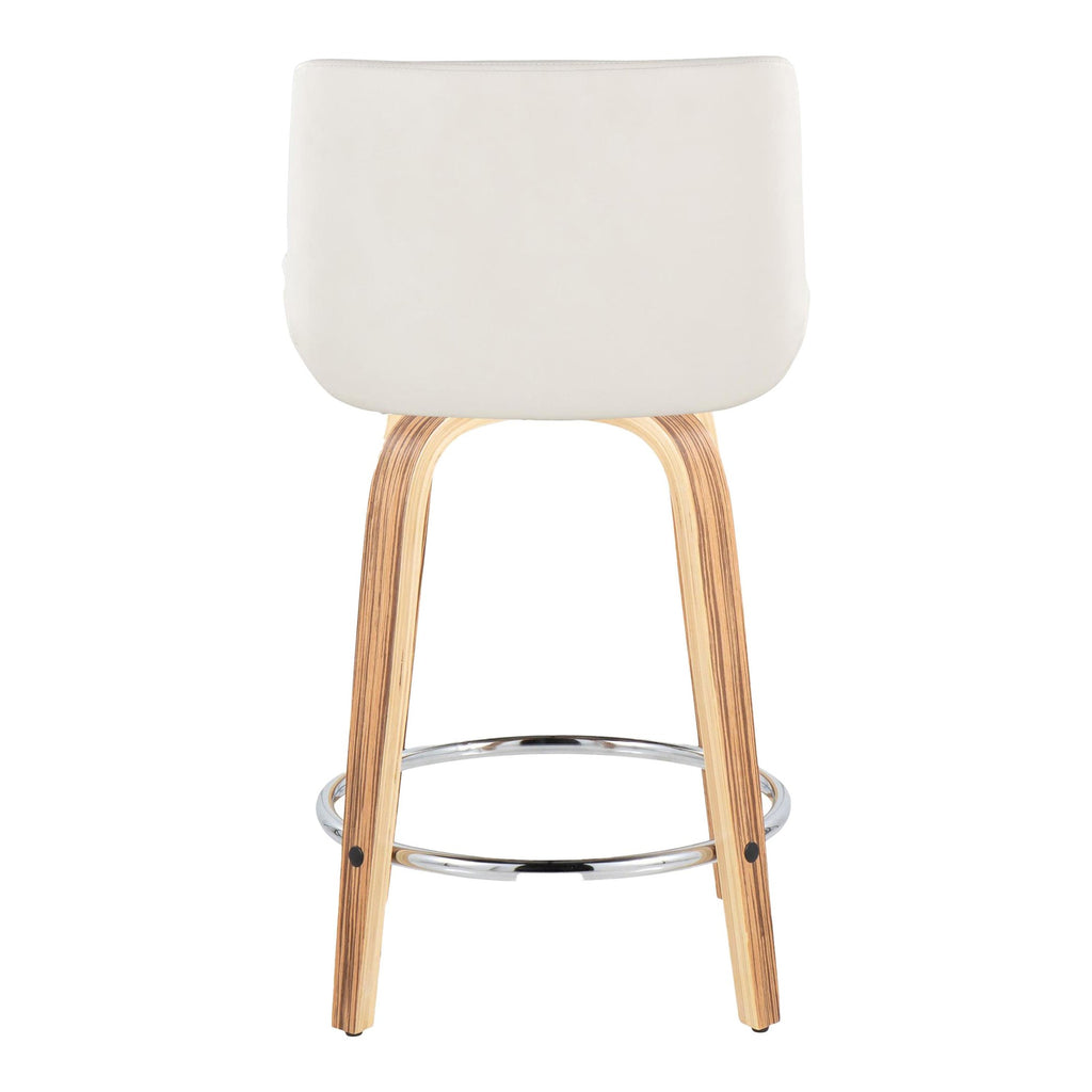 Santi 24" Fixed-Height Counter Stool - Set of 2 - Zebra Wood, Chrome Metal, White PU
