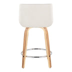 Santi 24" Fixed-Height Counter Stool - Set of 2 - Zebra Wood, Chrome Metal, White PU