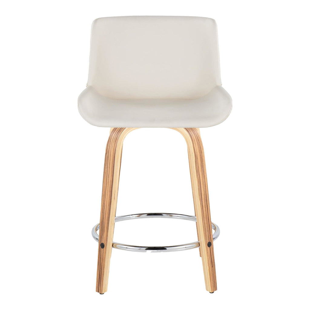 Santi 24" Fixed-Height Counter Stool - Set of 2 - Zebra Wood, Chrome Metal, White PU