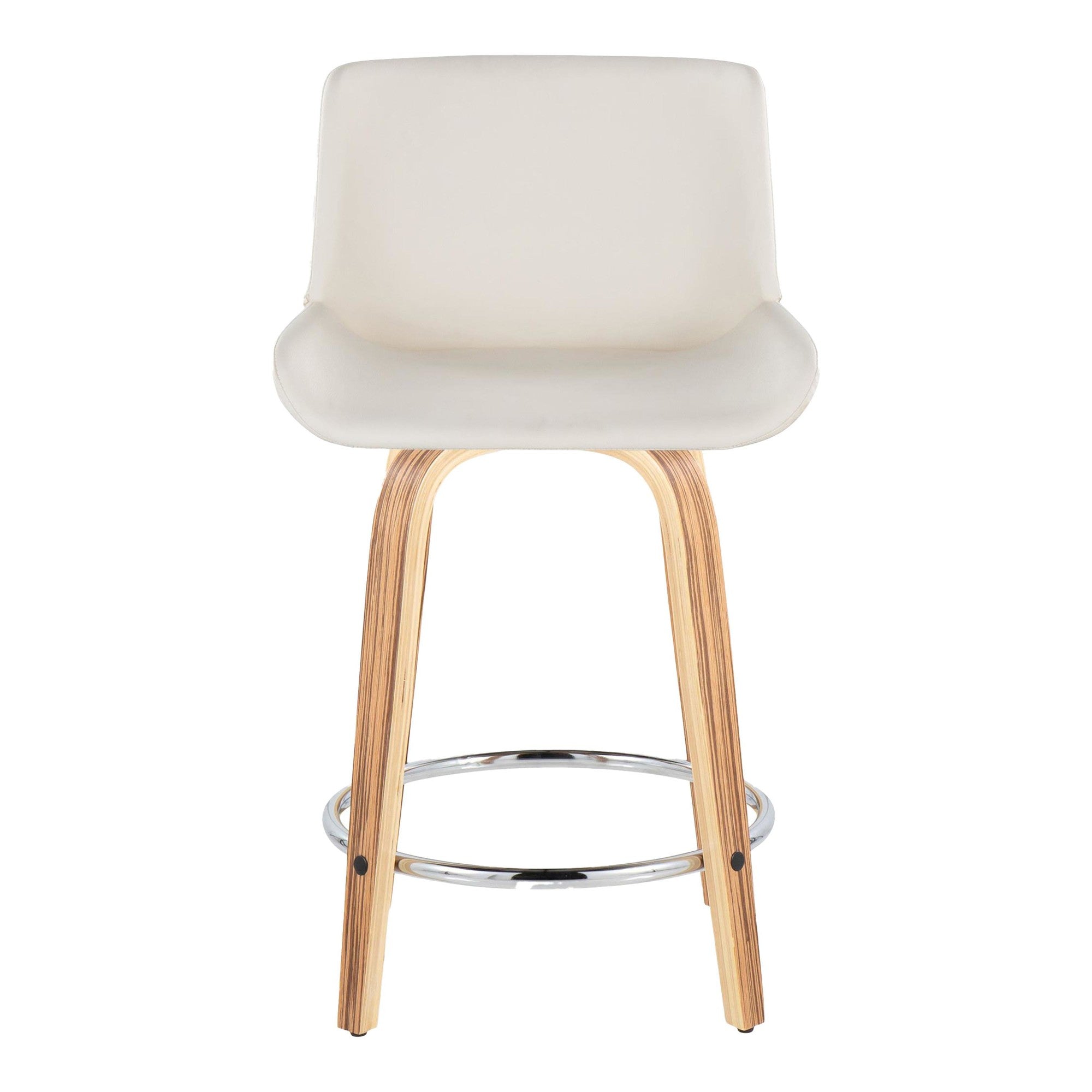 Santi 24" Fixed-Height Counter Stool - Set of 2 - Zebra Wood, Chrome Metal, White PU