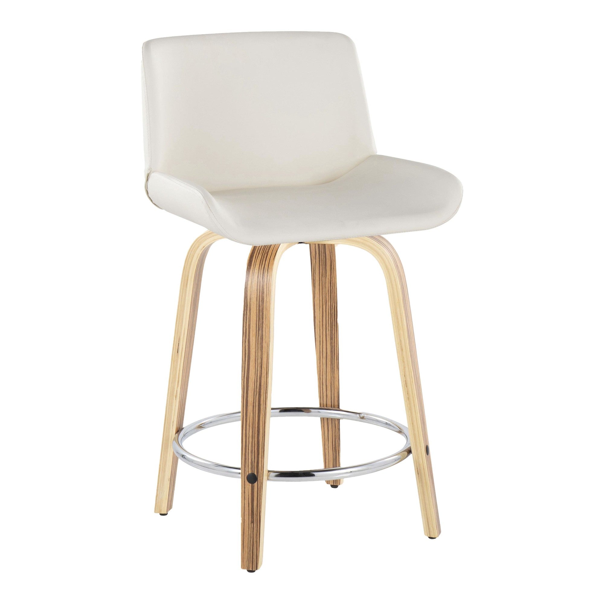 Santi 24" Fixed-Height Counter Stool - Set of 2 - Zebra Wood, Chrome Metal, White PU