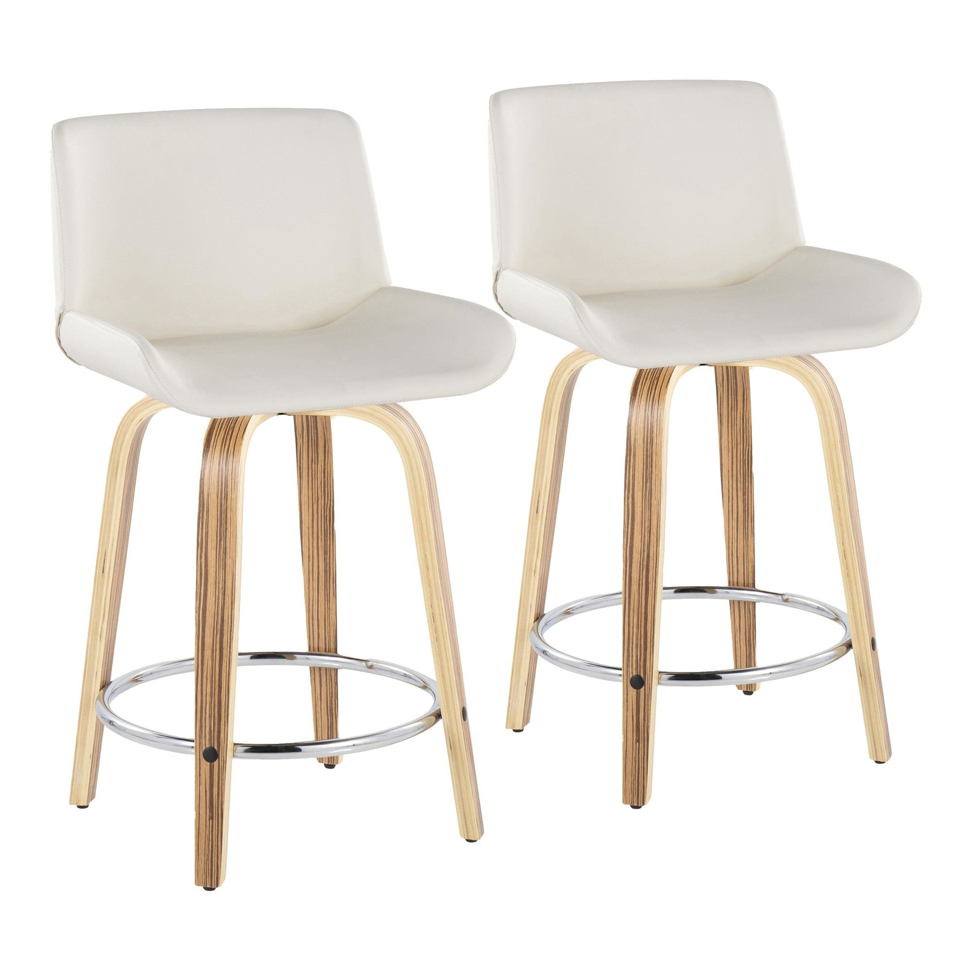Santi 24" Fixed-Height Counter Stool - Set of 2 - Zebra Wood, Chrome Metal, White PU
