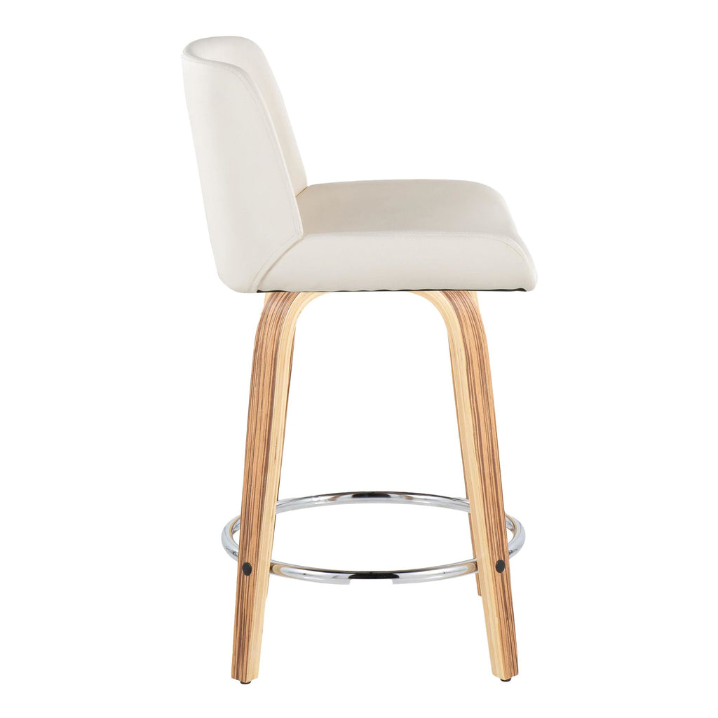 Santi 24" Fixed-Height Counter Stool - Set of 2 - Zebra Wood, Chrome Metal, White PU