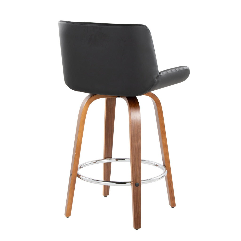 Santi 24" Fixed-Height Counter Stool - Set of 2 - Walnut Wood, Chrome Metal, Black PU