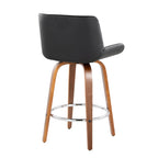 Santi 24" Fixed-Height Counter Stool - Set of 2 - Walnut Wood, Chrome Metal, Black PU