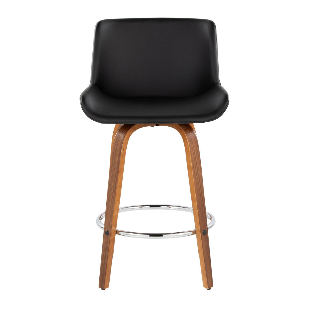 Santi 24" Fixed-Height Counter Stool - Set of 2 - Walnut Wood, Chrome Metal, Black PU