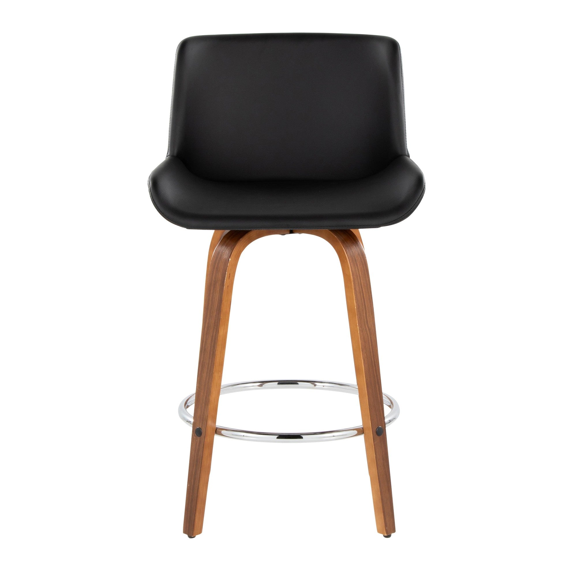 Santi 24" Fixed-Height Counter Stool - Set of 2 - Walnut Wood, Chrome Metal, Black PU