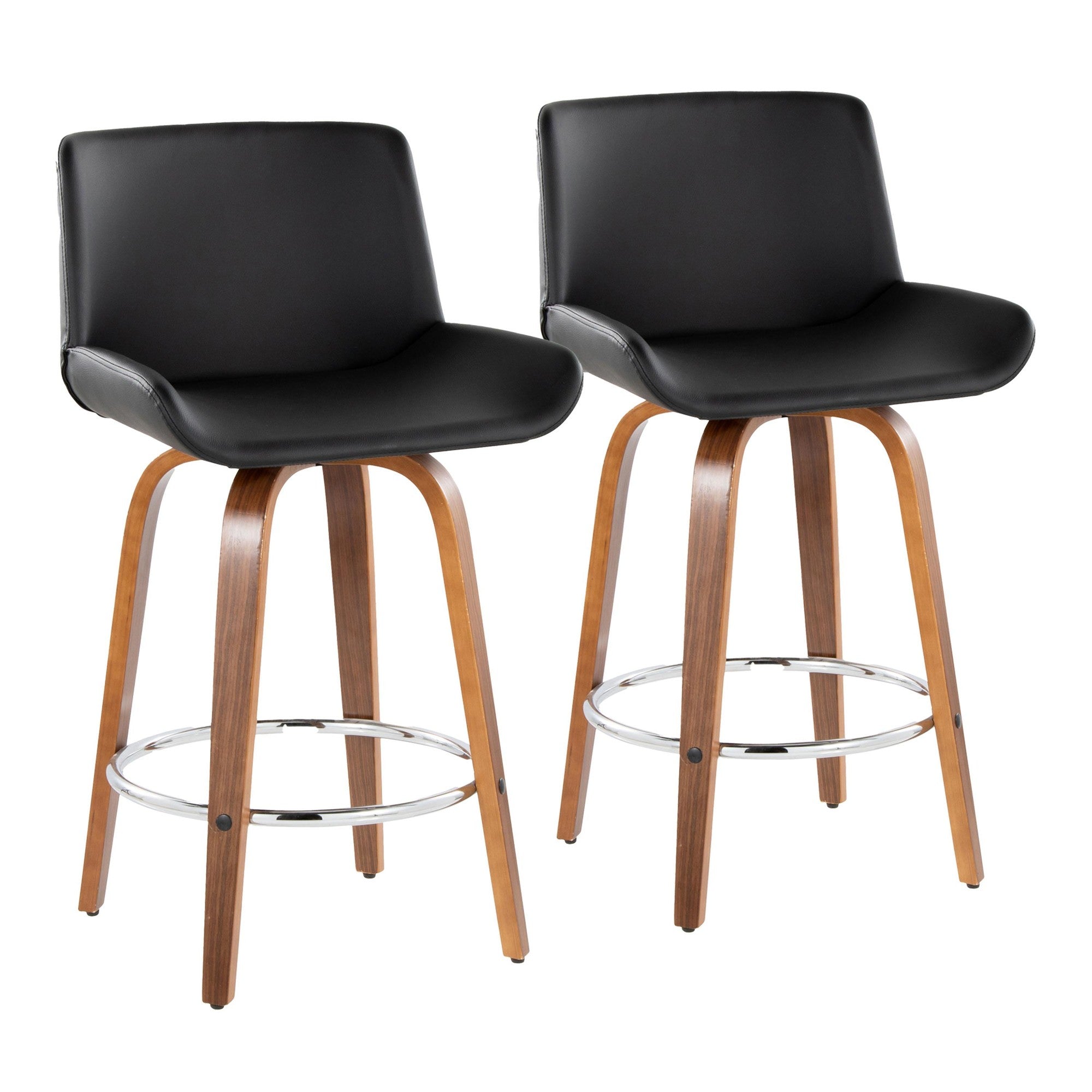 Santi 24" Fixed-Height Counter Stool - Set of 2 - Walnut Wood, Chrome Metal, Black PU