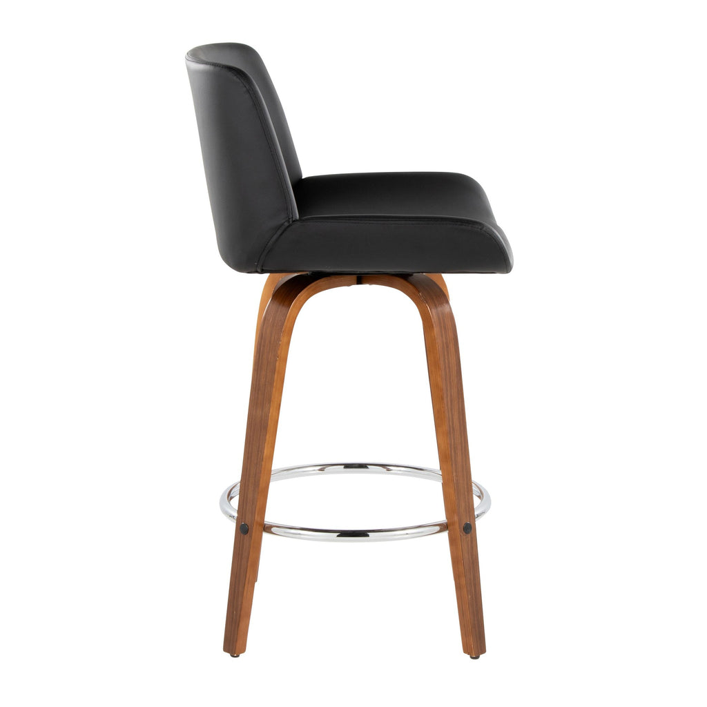 Santi 24" Fixed-Height Counter Stool - Set of 2 - Walnut Wood, Chrome Metal, Black PU