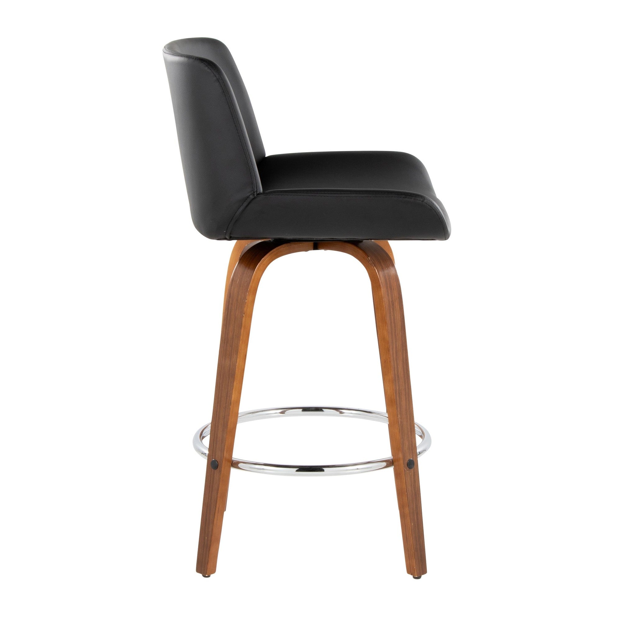 Santi 24" Fixed-Height Counter Stool - Set of 2 - Walnut Wood, Chrome Metal, Black PU