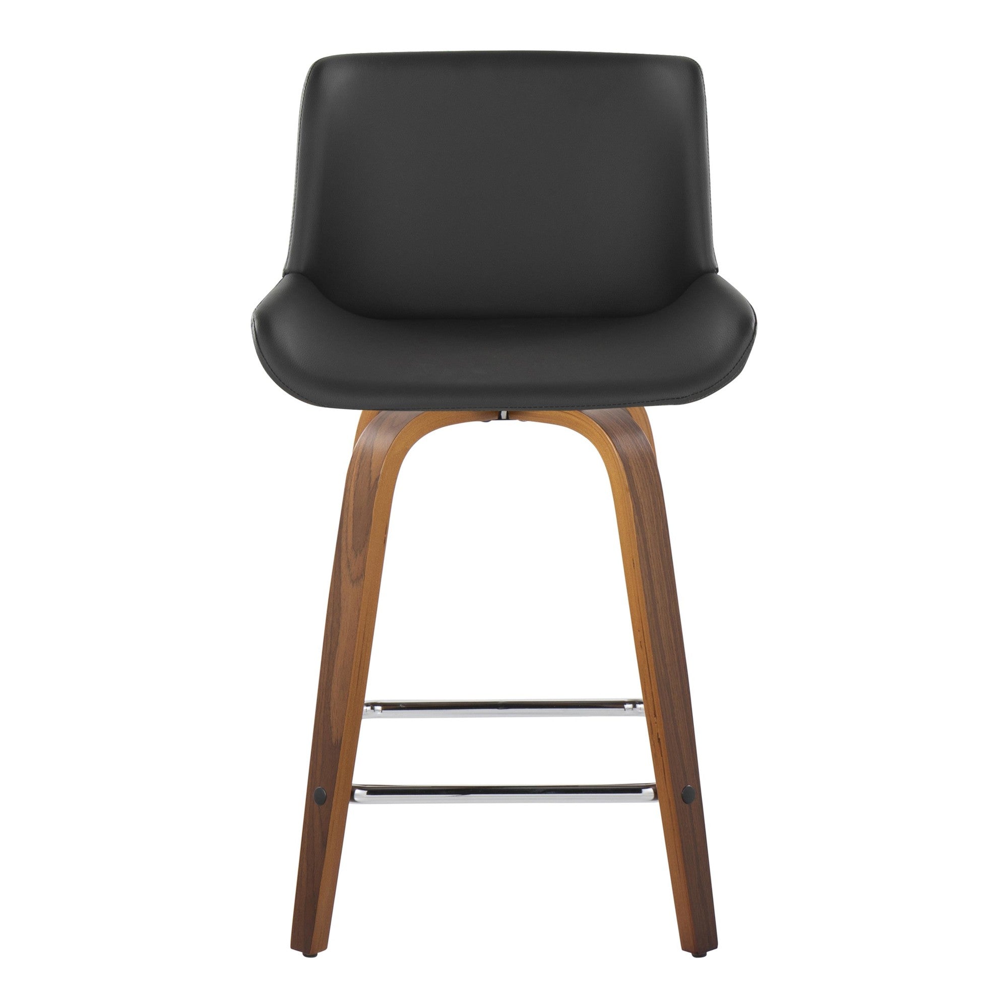 Santi 24" Fixed-Height Counter Stool - Set of 2 - Walnut Wood, Chrome Metal, Grey PU