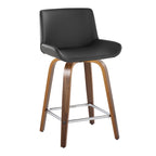 Santi 24" Fixed-Height Counter Stool - Set of 2 - Walnut Wood, Chrome Metal, Grey PU