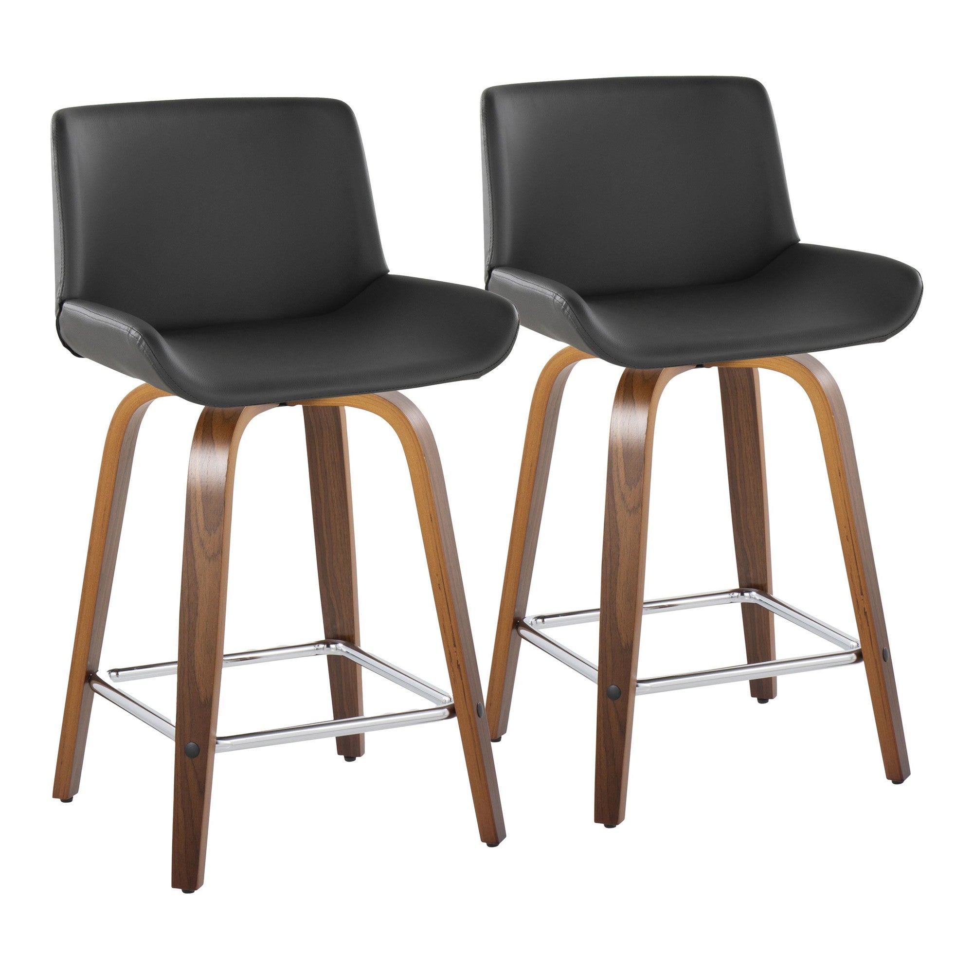 Santi 24" Fixed-Height Counter Stool - Set of 2 - Walnut Wood, Chrome Metal, Grey PU
