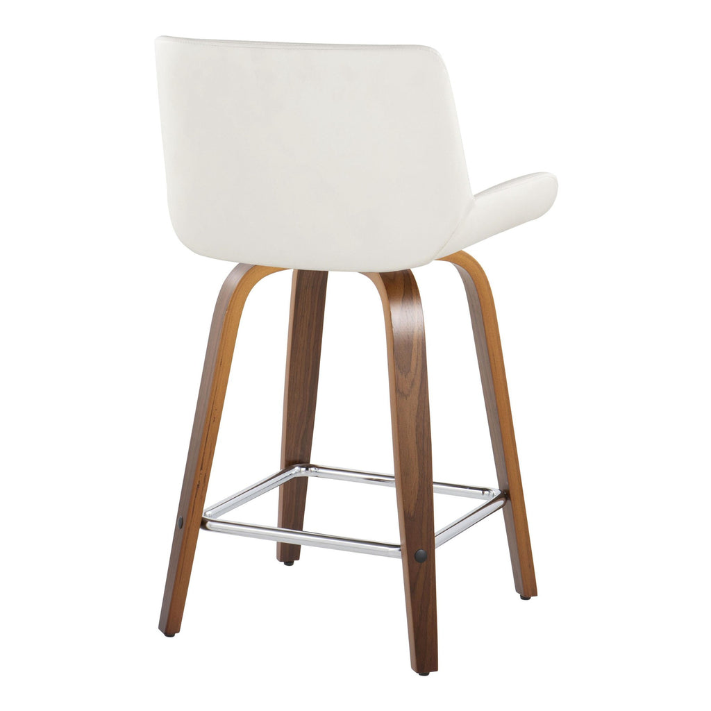 Santi 24" Fixed-Height Counter Stool - Set of 2 - Walnut Wood, Chrome Metal, White PU