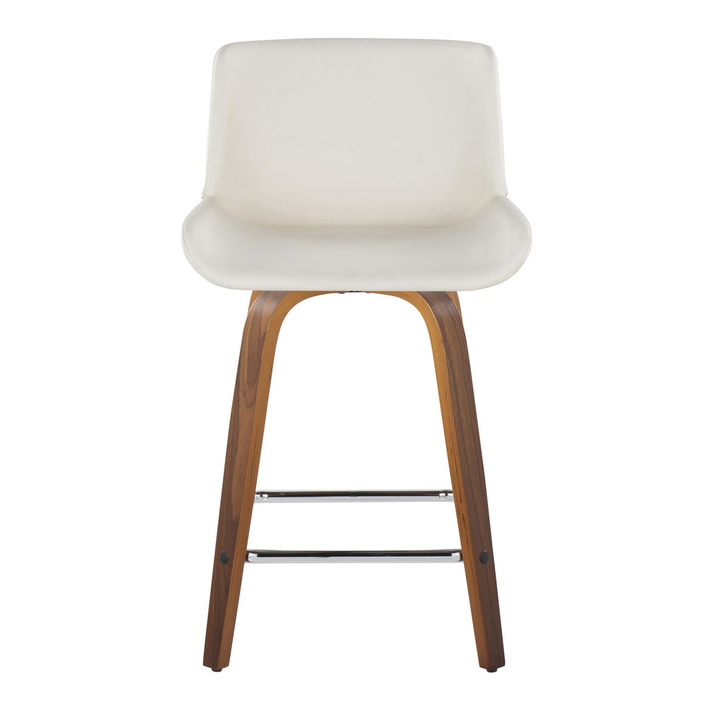 Santi 24" Fixed-Height Counter Stool - Set of 2 - Walnut Wood, Chrome Metal, White PU