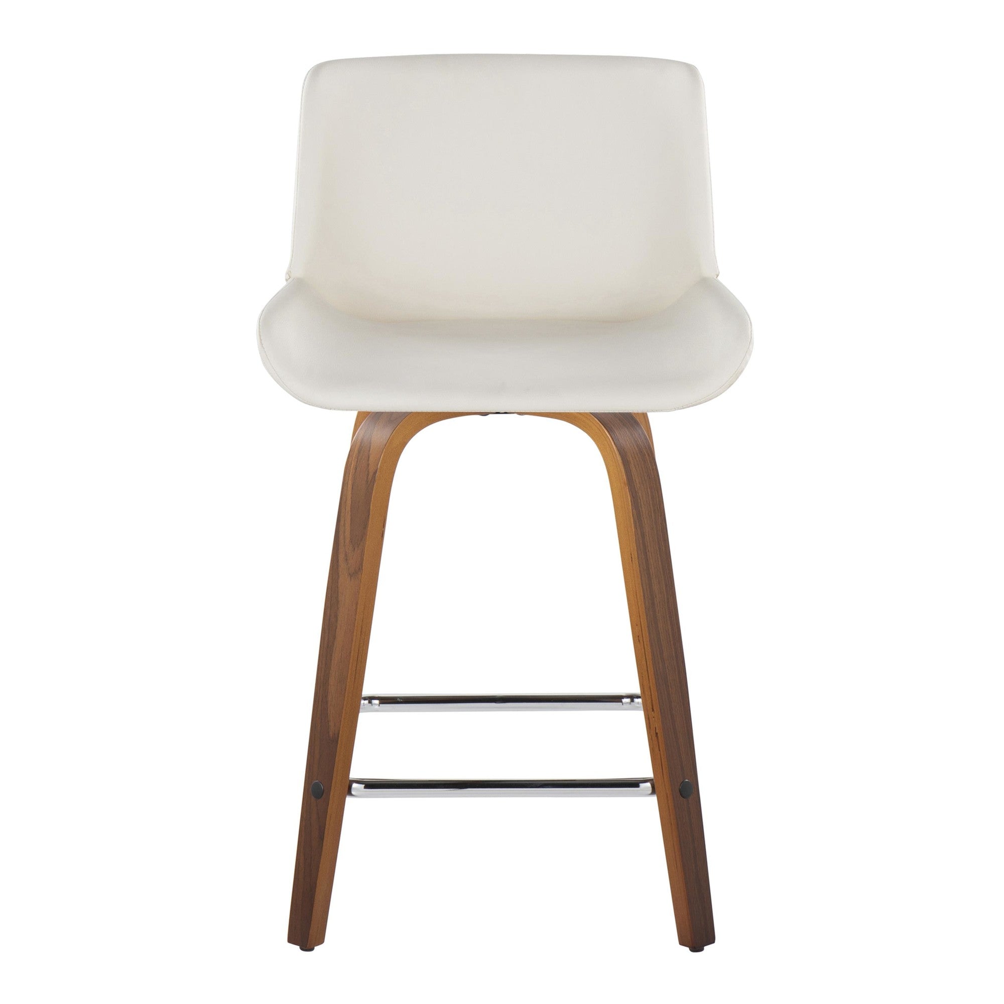 Santi 24" Fixed-Height Counter Stool - Set of 2 - Walnut Wood, Chrome Metal, White PU