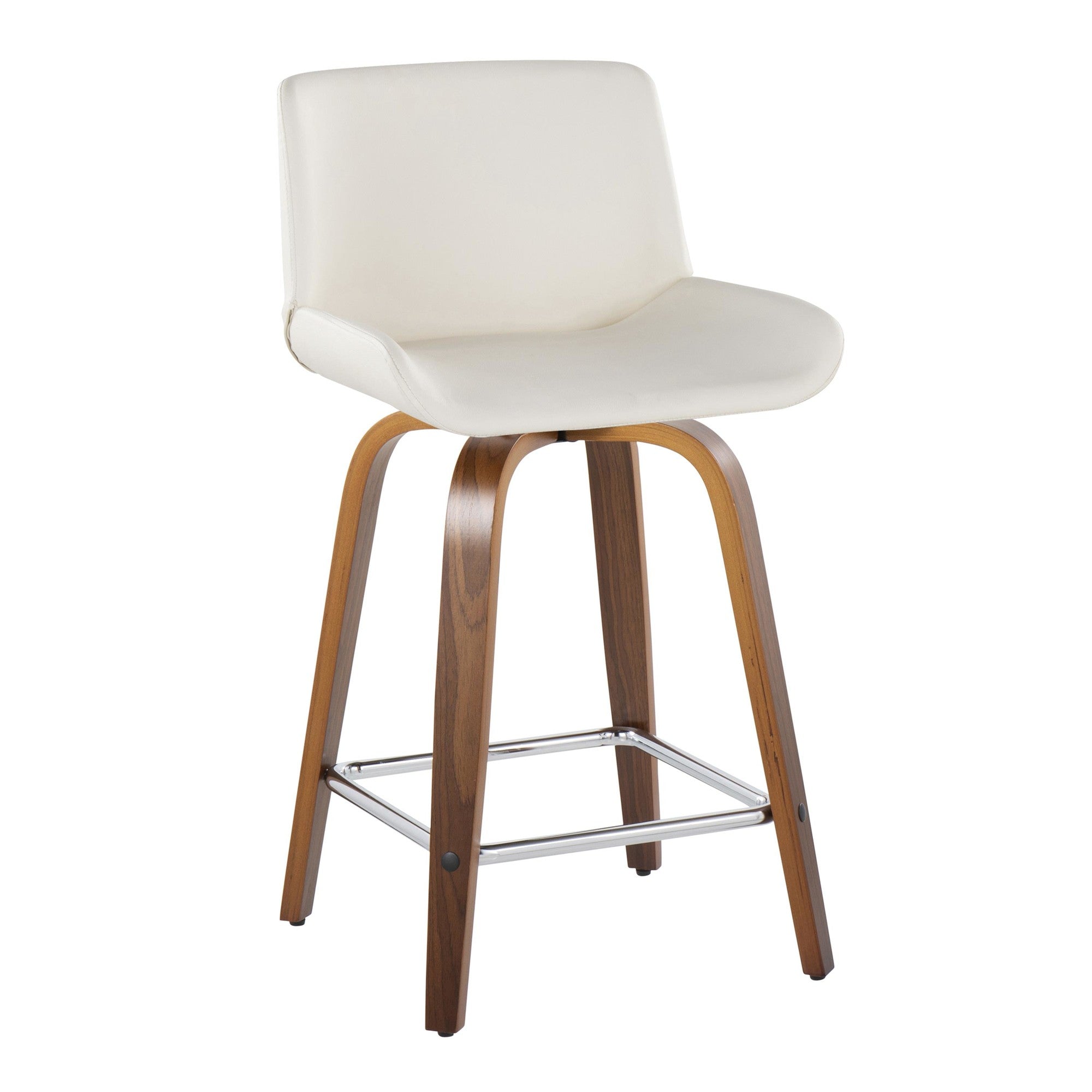 Santi 24" Fixed-Height Counter Stool - Set of 2 - Walnut Wood, Chrome Metal, White PU