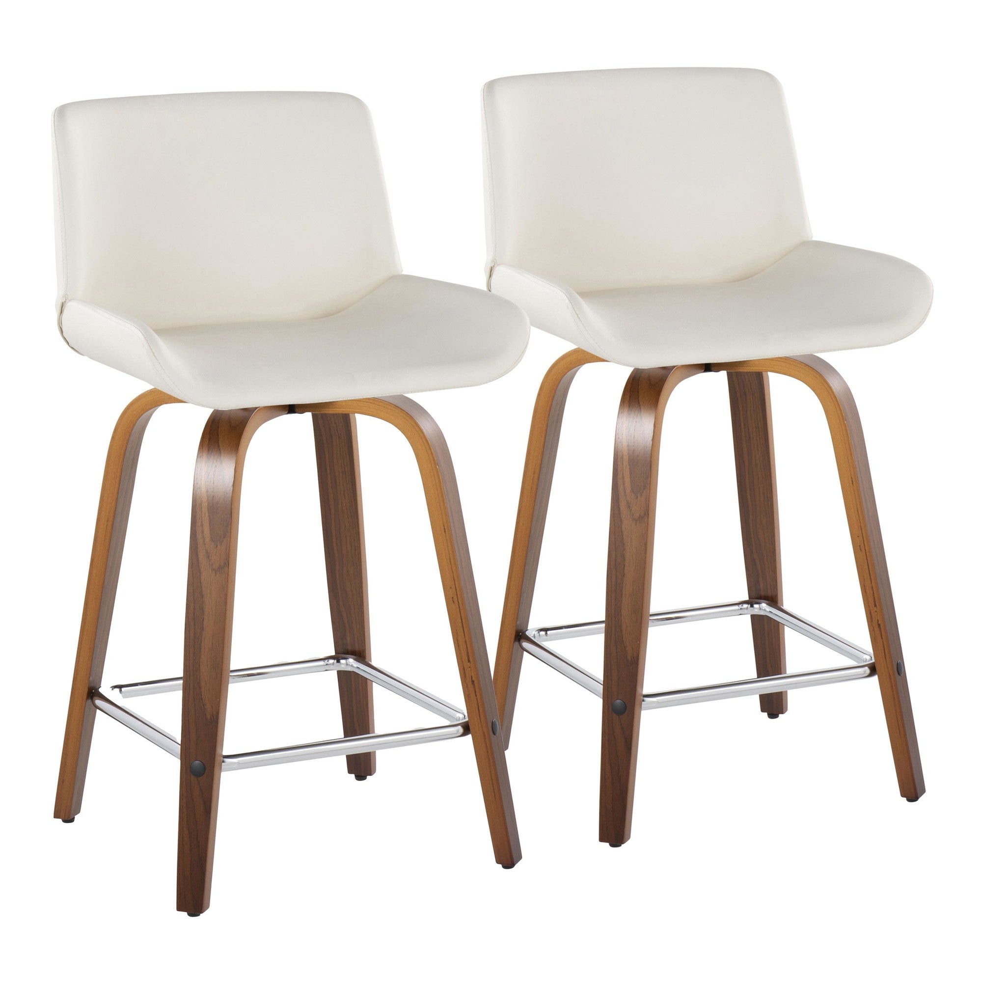 Santi 24" Fixed-Height Counter Stool - Set of 2 - Walnut Wood, Chrome Metal, White PU