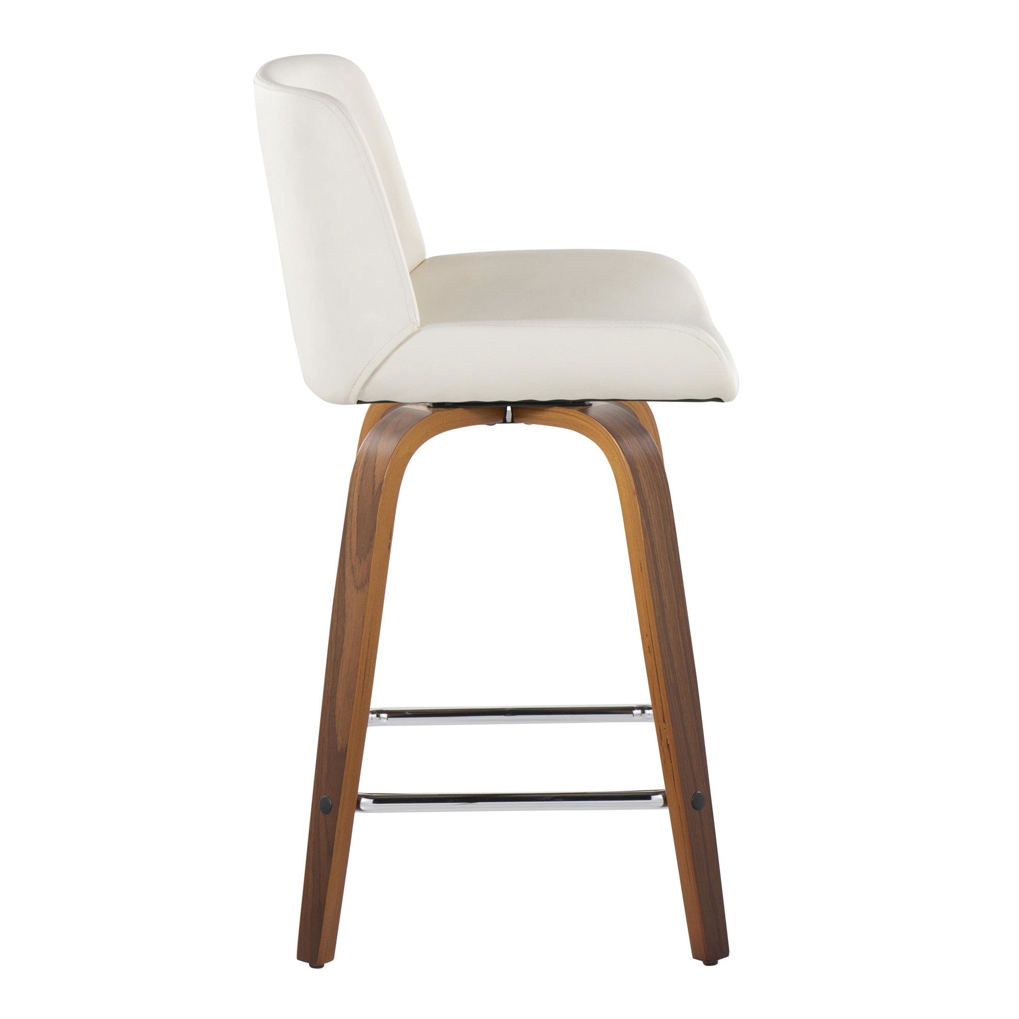 Santi 24" Fixed-Height Counter Stool - Set of 2 - Walnut Wood, Chrome Metal, White PU