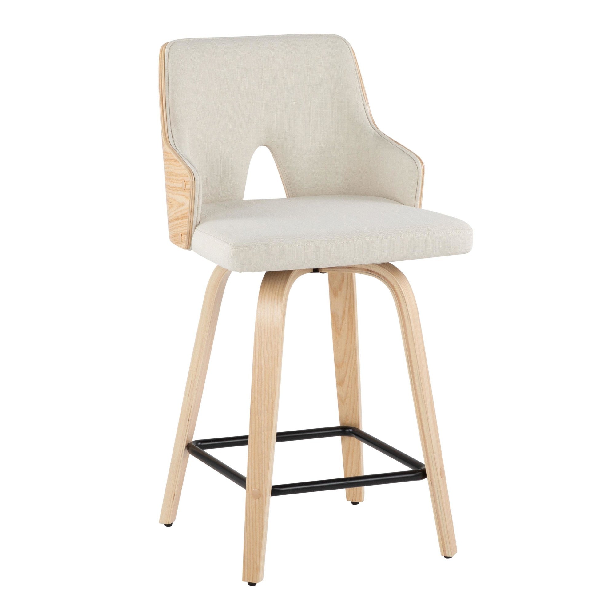 Stella 24" Fixed-Height Counter Stool - Set of 2 - Natural Wood, Cream Fabric, Black Metal