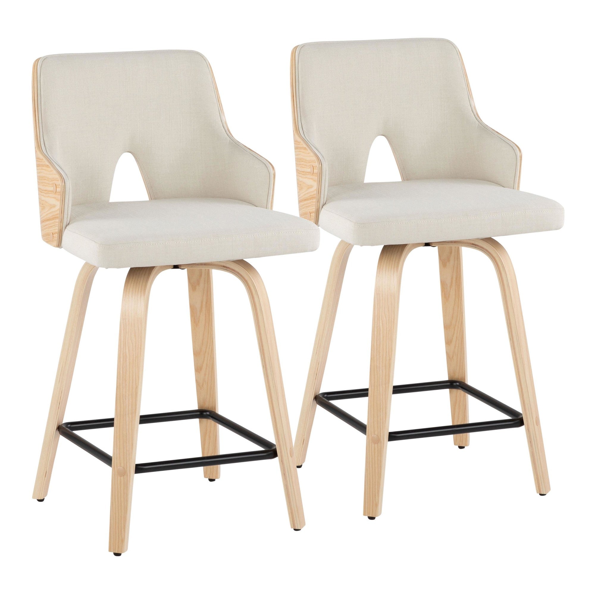 Stella 24" Fixed-Height Counter Stool - Set of 2 - Natural Wood, Cream Fabric, Black Metal